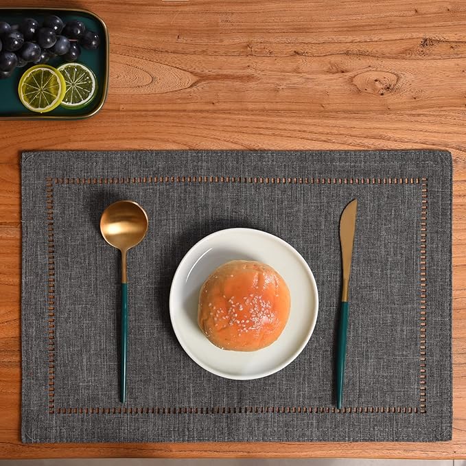 Tosewever Set of 6 Decorative Linen Placemats 12 x 18 Inches, Farmhouse Style Table Mats for Everyday Dining Wedding Party Holiday Home Decor (6 Pieces 12 x 18”, Grey/Straight)