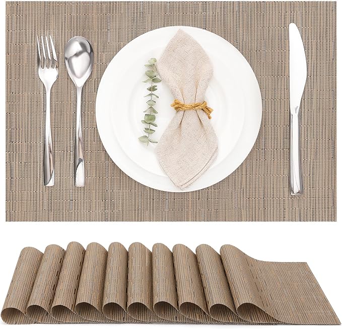 Myir JUN Placemats Set of 10, Vinyl Woven Placemats Place Mats Indoor Set of 10 Washable Table Mats Non-Slip Place mats for Dining Table (Light Brown)