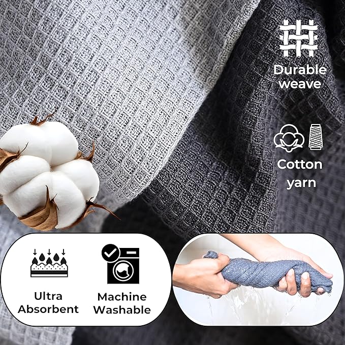Highly Absorbent Cotton Dish Towels for Drying - Set of 3+3 - Light Gray + Dark Gray Kitchen Towels - 18"X28" Lint Free Waffle Weave Cloth Linen Hand Bathroom Bulk Dishtowels