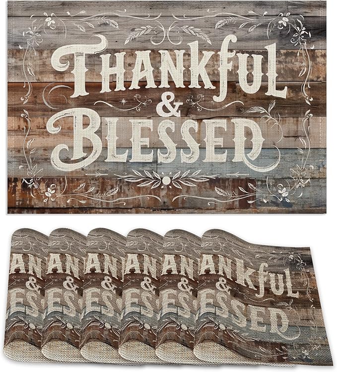 Thankful Blessed Placemats Set of 6,Vintage Wood Board Placemats Washable Kitchen Dining Linen Table Mats Stain Heat-Resistant for Home Party Indoor 12x18 inch