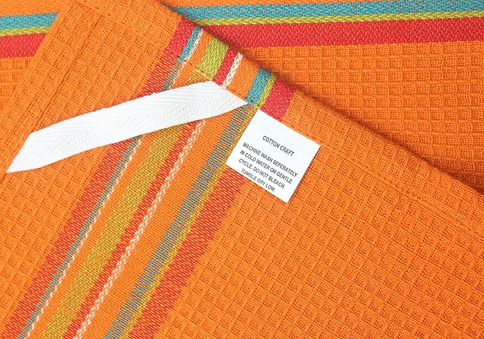 COTTON CRAFT Salsa Stripe Kitchen Towel - Set of 8 Pure Cotton Absorbent Waffle Weave Dish Towel Dish Cloth - Low Lint Reusable Drying Towels - Restaurant Bar Cleaning Kitchen Hand Towel -16x28 Multi