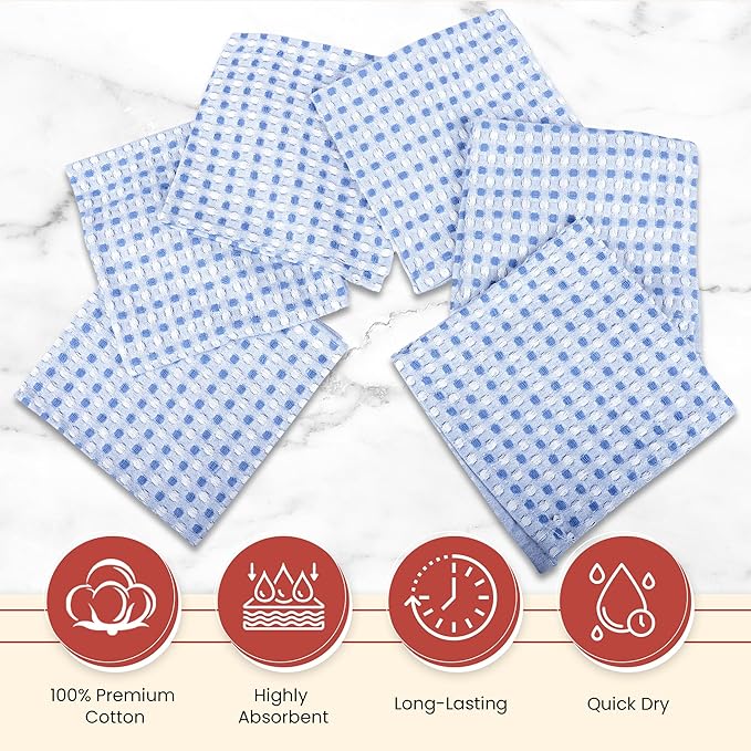 Vintage Vista 100% Cotton Dish Cloths (Pack of 6) - Dish Rags for Washing Dishes - Reusable & Highly Absorbent Kitchen Towels - Kitchen Rags fo Easter - (12" x 12" - Blue Honeycomb)