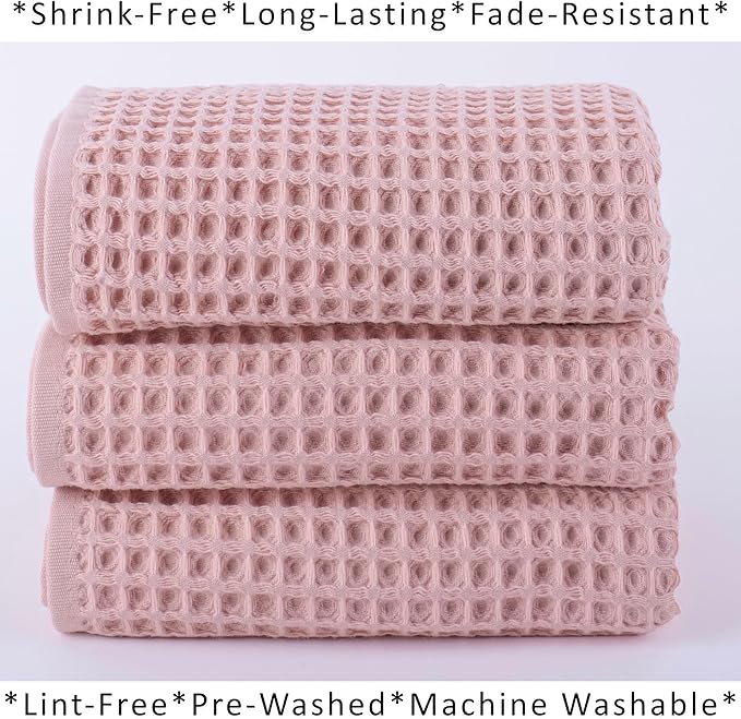 PÜSKÜL Natural 100% Turkish Cotton Waffle Kitchen Towels Set of 3 | Oeko-Tex, Premium Waffle Hand Towels for Bathroom | Soft Absorbent Quick-Dry Lint-Free Dish Towel Large 32x16 inch (3, Pink Powder)