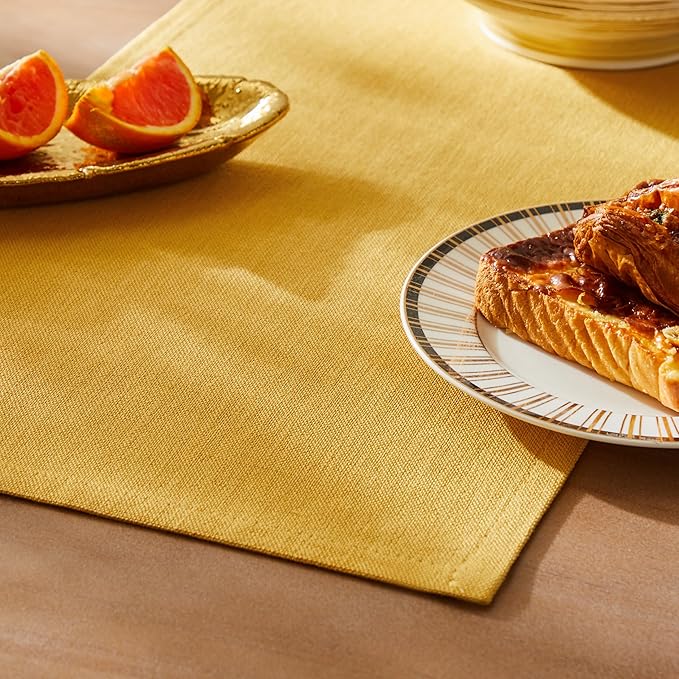 ZeeMart Rustic Cotton Linen Table Runner, 13x60 Inches Yellow, Farmhouse Style Yellow Table Runners 60 Inches Long, Washable Kitchen Dining Table Decoration for Home Party Decor