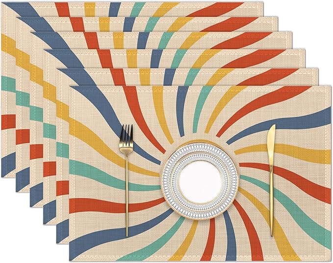 Vintage Sun Retro Swirl Placemats Set of 6 Place Mats for Kitchen Table Washable Farmhouse Linen Table Mats Dining Decoration 12x18 Inch
