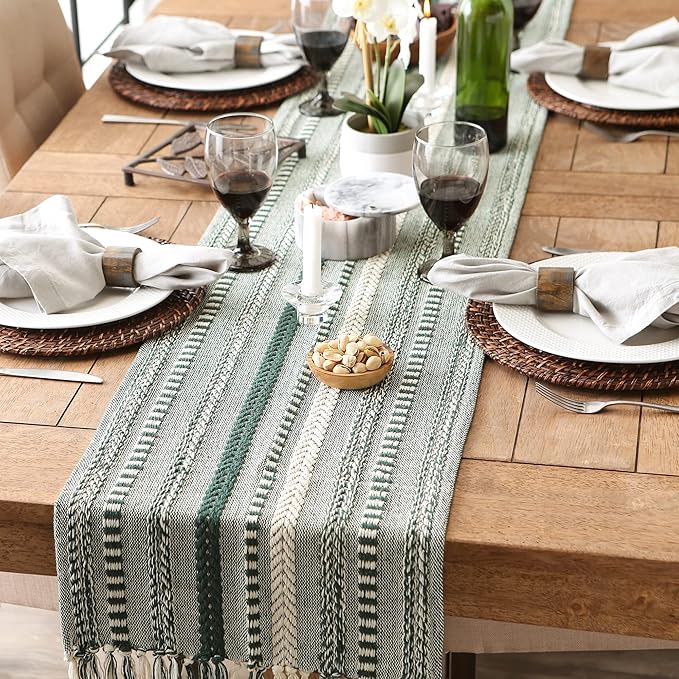 DII Farmhouse Braided Stripe Table Runner Collection, 15x72 (15x77, Fringe Included), Dark Green