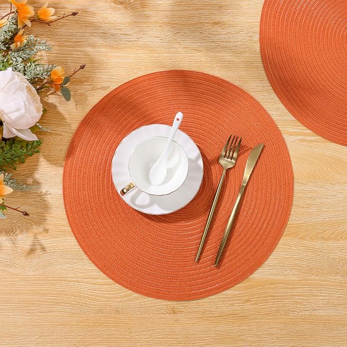 SHACOS Round Placemats Set of 4 for Dining Table Autumn Fall Round Braided Place Mats Washable Non Slip Kitchen Table Mats Decor, Bright Orange