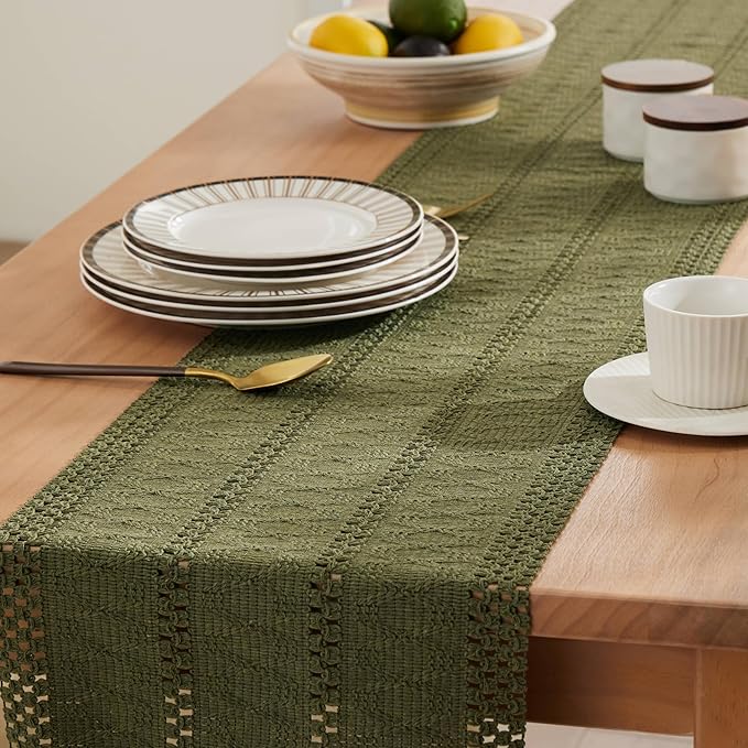 ZeeMart Macrame Style Boho Table Runner, Moss Green Table Runners 60 Inches Long, Farmhouse Woven Home Decor, 12x60 Inch, Moss