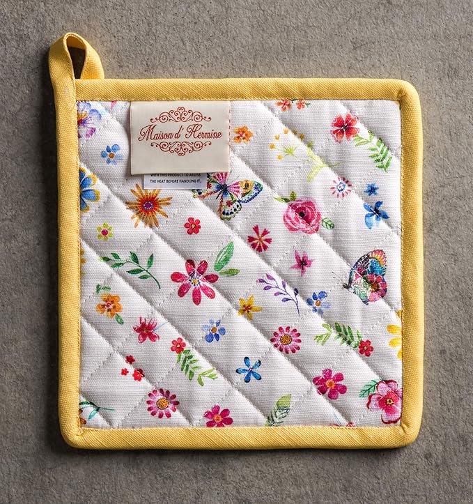 Maison d' Hermine Pot Holders 100% Cotton Heat Resistant Potholders 8" x 8" Hot Pads with Loop BBQ Baking Gifts for Mothers Day Handling Hot Pans Spring/Summer (Pack of 1, Happy Florals - Sweety)