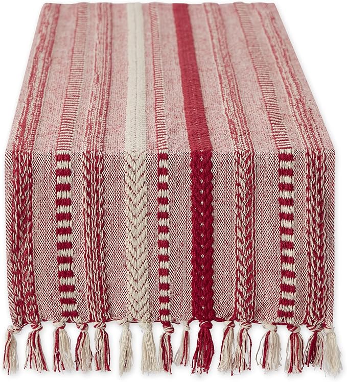 DII Farmhouse Braided Stripe Table Runner Collection, 15x72 (15x77, Fringe Included), Wine