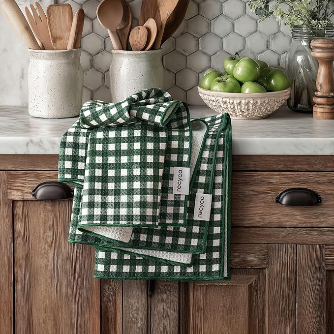 RECYCO Waffle Kitchen Towel Set of 2 - Quick Dry Microfiber Sustainable Dish Towels - Ultra Absorbent Reusable Cleaning Tea Towels - Lightweight Hand Towels,16”x 28”, Pine Green Plaid
