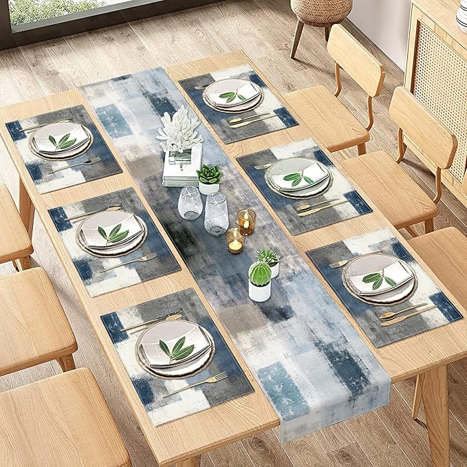 Emvency Farmhouse Table Runner and Placemats Set of 6, Cotton-Linen Abstract Blue and Grey Painting Art Dining Table Decor for Daily Use(1 Table Runner 72 inches Long and 6 Placemats)