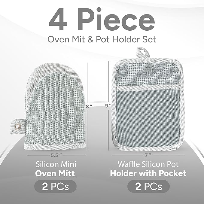 Casa Platino Heat Resistant Oven Mitts & Potholders, 4-Piece – Oven Mitt and Pot Holders Sets for Baking, Grilling & Microwave – Withstands Up to 500°F, Non-Slip, Machine Washable – Grey