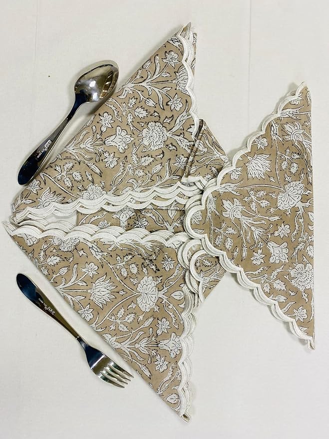 Ridhi Hand Block Print Taupe 18" x 18" (Set of 4) Embroidery Table Napkins Reusable Cotton Dinner Napkins for Weddings, Parties, Everyday Dining Gift for Spring, Easter, Valentine