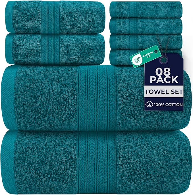 DAN RIVER 8 PC Luxury Bath Towels for Bathroom, 2 Bath, 2 Hand, and 4 Wash Cloths, 600 GSM 100% Ring Spun Cotton Towel Set, Highly Absorbent, Gym, Hotel, and Spa, Teal