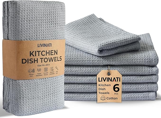 Highly Absorbent Cotton Dish Towels for Drying - Set of 6 Light Gray Kitchen Towels - 18"X28" Lint Free Waffle Weave Cloth Linen Hand Bathroom Bulk Dishtowels