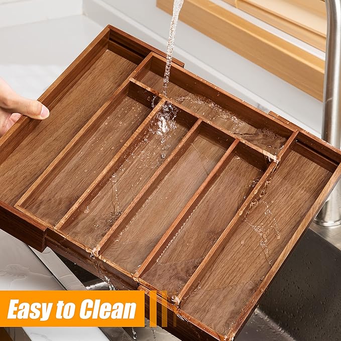 Bellsal Acacia Silverware Organizer Kitchen Drawer Organizer Expandable Bamboo Utensil Holder Cutlery Tray for Kitchen Utensil and Flatware Bedroom Office