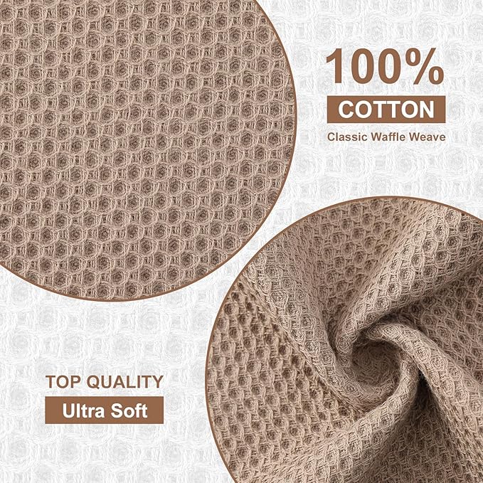 Kitinjoy 100% Cotton Kitchen Dish Cloths (12 X 12 Inches, Tan), 6 Pack Waffle Weave Ultra Soft Absorbent Dish Towels for Drying Dishes Quick Drying Kitchen Towels Dish Rags