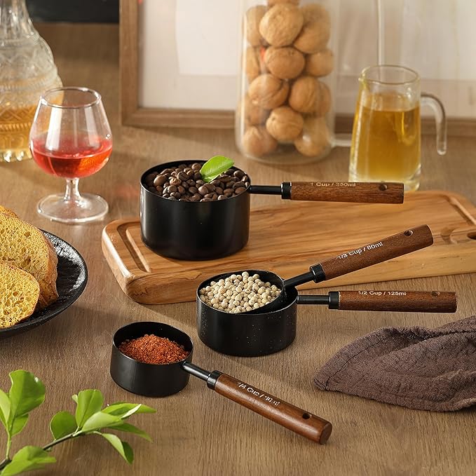 8PCS Measuring Cups and Spoons Set, DV Stainless Steel Measuring Cups with Ergonomic Wooden Handle for Cooking & Baking