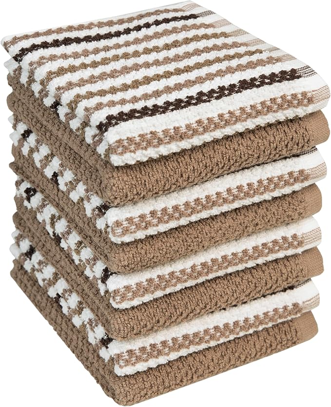 Bumble Towels Premium Dish Cloths 12"x12" | 100% Natural Ring Spun Cotton Tea Towel Set | 430 GSM | Highly Absorbent & Soft Kitchen Towels | 8 Pack - 4 Popcorn Wide Striped & 4 Solid Tan