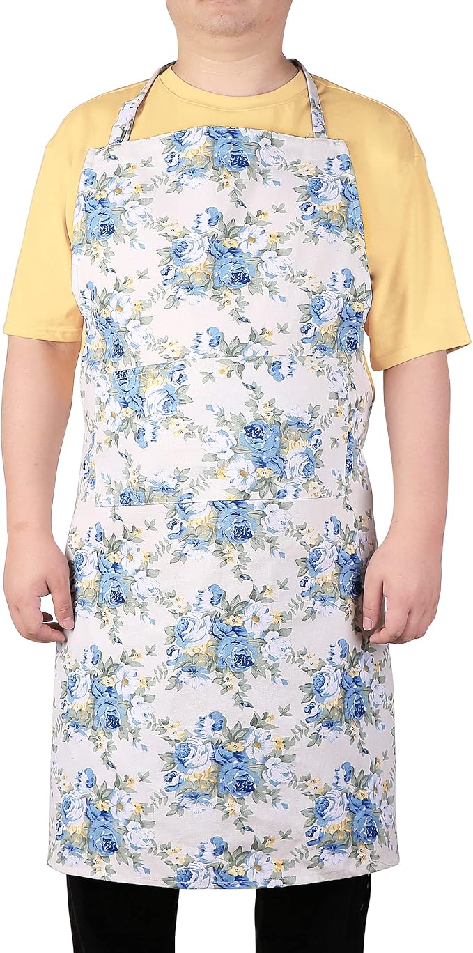 Sanlykate Extra Large Canvas Cotton Apron for Men & Women, Plus Size Durable Aprons with 2 Pockets, Adjustable Bib Machine Washable Oversized Aprons for Baking, Cooking, Painting - Blue Rose