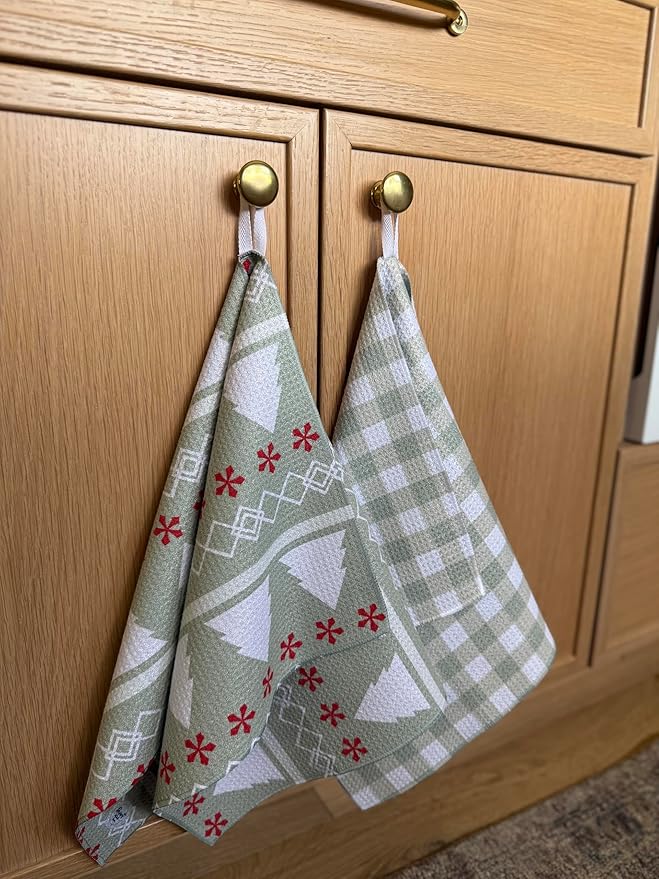 || 3 Pack|| Double Sided Dish Towels || Waffle Weave Microfiber || Highly Absorbent || Hanging Loop || Dish Cloths || Modern || Designer Prints || Lights (Christmas Mint 2 Pack)