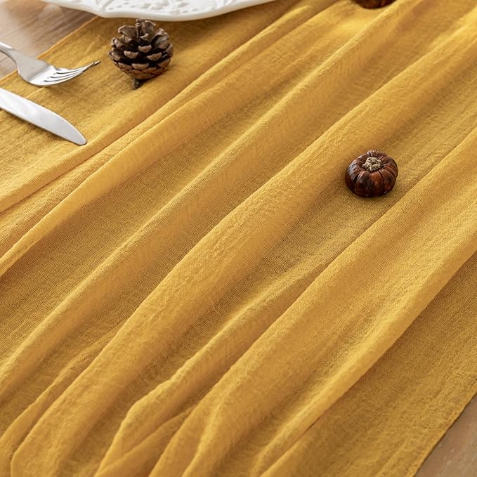 Keketoarrange Golden Yellow Spring Easter Gauze Rustic Cheesecloth Table Runner 120 Inch 10 FT for Wedding Baby Shower Bridal Shower Birthday Engagement Garden Outdoor Party Sheer Boho Decorations