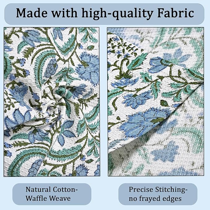 Ridhi Columbia Blue Hand Block Print Cotton Waffle Dish Cloth Set of 6-12x12 Inch Super Absorbent, Soft, Reusable Kitchen Towels for Dish Drying Cleaning, Ideal for Spring, Easter, Valentine
