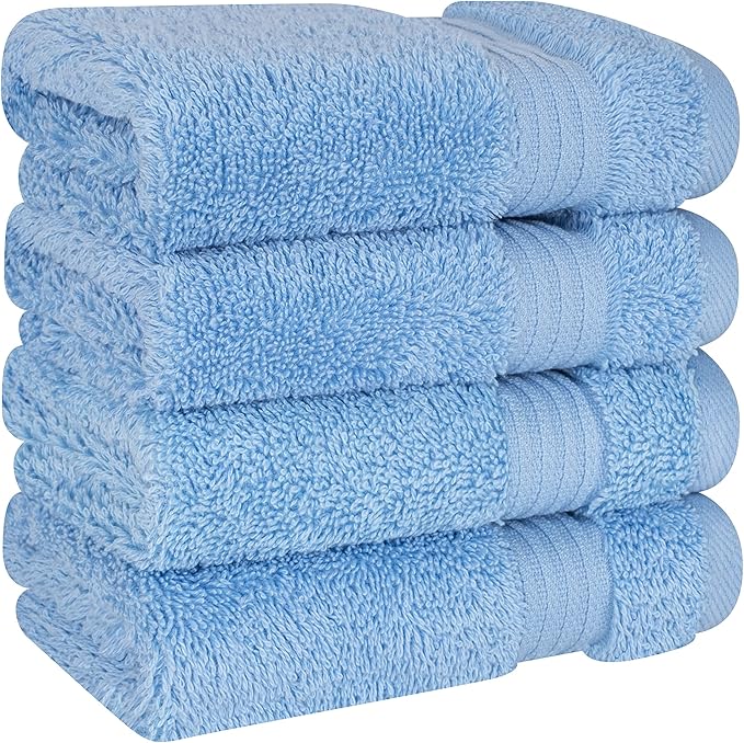 Cotton Paradise 100% Cotton Turkish Washcloth Set for Bathroom, 4 Piece Soft Absorbent Small Towels Wash Rags, Sky Blue