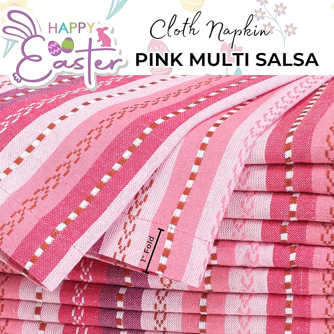 Homidate Cotton Cloth Dinner Napkins Set of 12 – 18x18 Pink Multi Salsa Stripe – Reusable Machine Washable Fabric Napkins for Weddings, Parties, Kitchen & Everyday Dining