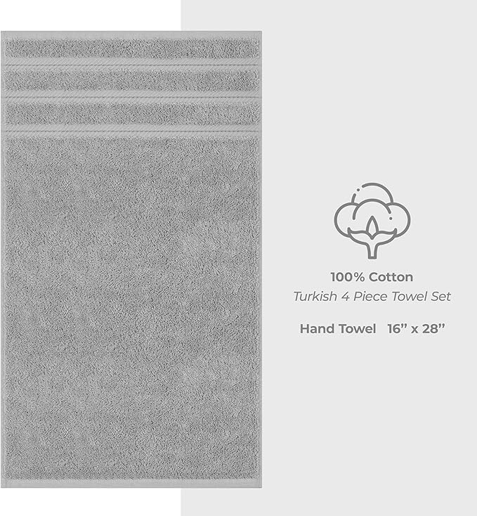 American Soft Linen Luxury Hand Towels for Bathroom, 600 GSM Heawy Weight 16x28 Size 100% Cotton Turkish 4 Piece Hand Face Towel Set, Light Grey Hand Towels
