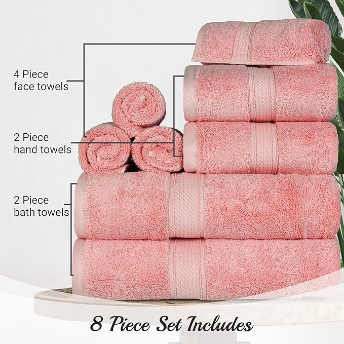 SUPERIOR Egyptian Cotton Pile 8 Piece Towel Set, Includes 2 Bath, 2 Hand, 4 Face Towels/Washcloths, Ultra Soft Luxury Towels, Thick Plush Essentials, Guest Bath, Spa, Hotel Bathroom, Tea Rose