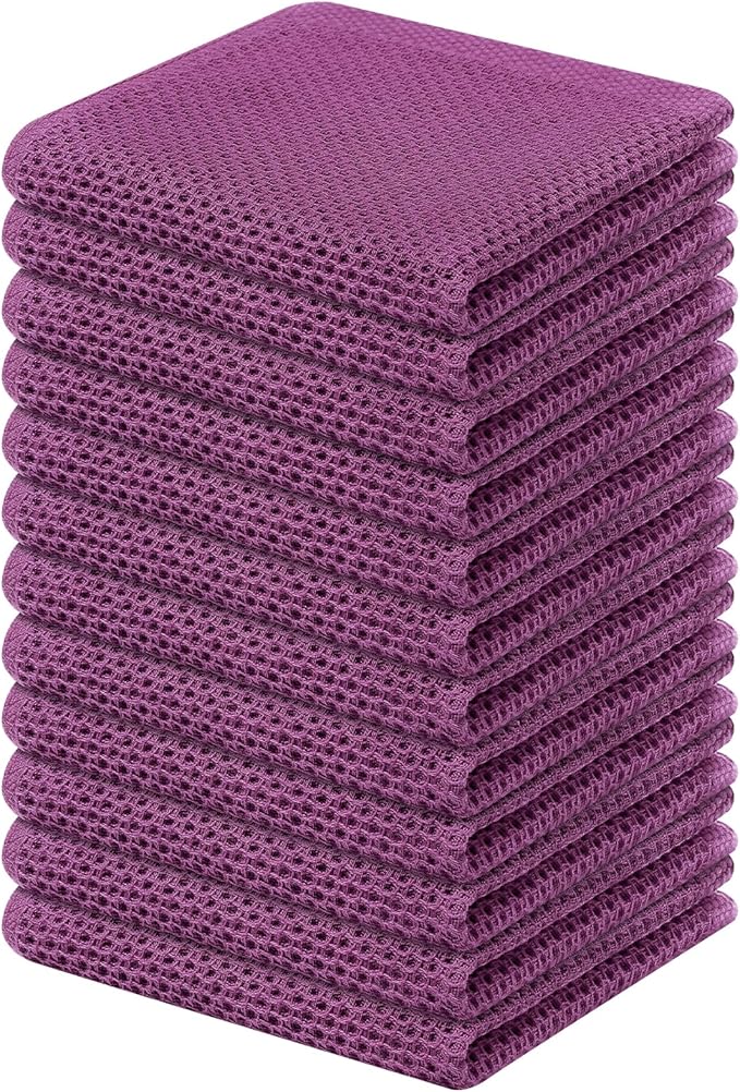 Kitinjoy 100% Cotton Kitchen Dish Cloths (12 X 12 Inches, Violet), 12 Pack Waffle Weave Ultra Soft Absorbent Dish Towels for Drying Dishes Quick Drying Kitchen Towels Dish Rags