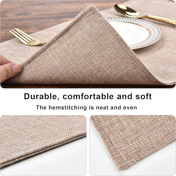 SLKQG Linen-Look Placemats Set of 8, Heat Resistant & Machine Washable Double-Layered Cloth Placemats for Dining Table, Indoor/Outdoor Use, Non-Slip Kitchen Table Mats (8, Natural Linen)