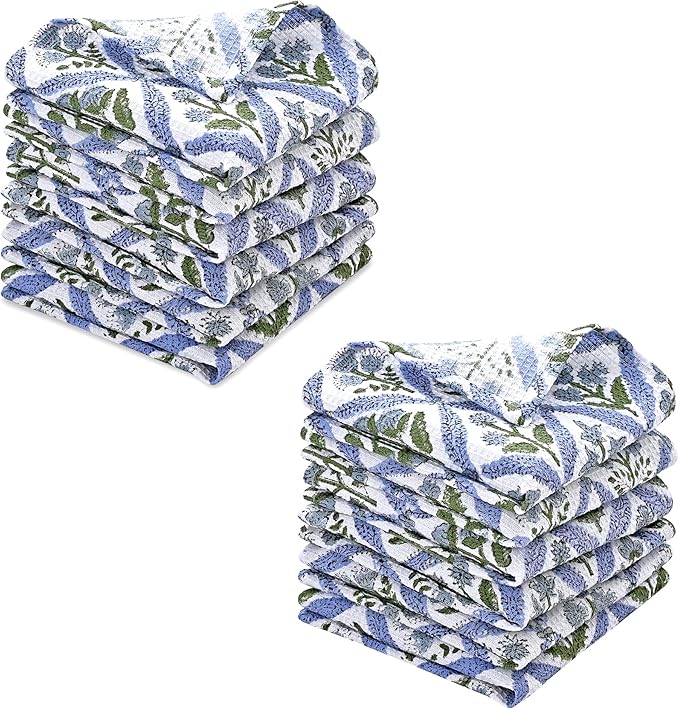 Ridhi Light Steel Blue Hand Block Print Cotton Waffle Dish Cloth Set of 12-12x12 Inch Super Absorbent, Soft, Reusable Kitchen Towels for Dish Drying Cleaning, Ideal for for Spring, Easter, Valentine