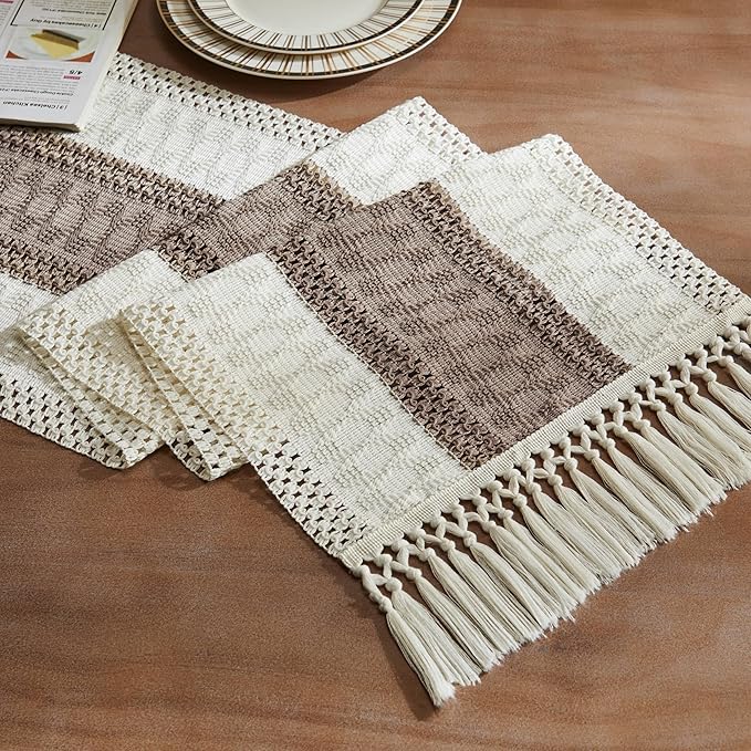 ZeeMart Macrame Style Bicolor Stitching Table Runner, 14 x 90 Inch Cocoa Brown/Ivory, Boho Brown Table Runners 90 Inches Long, Farmhouse Woven Home Decor
