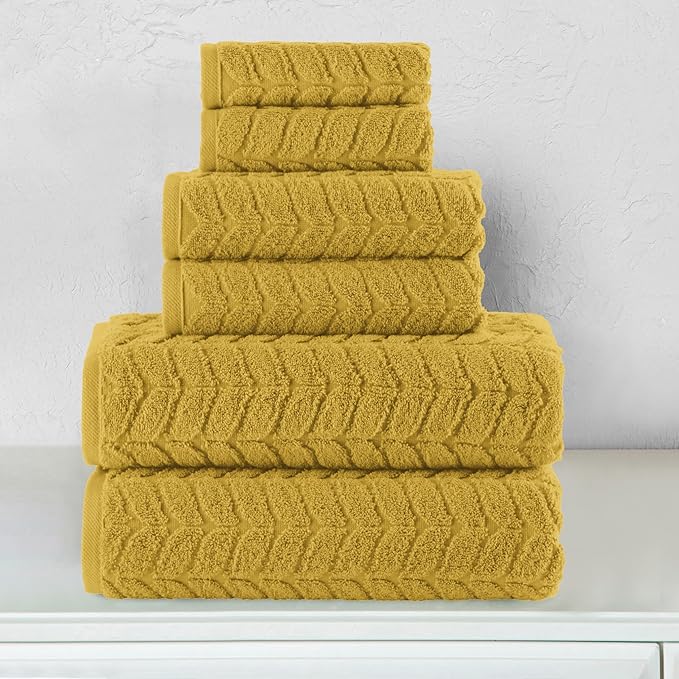 Elegant Comfort Luxury 6-Piece 100% Turkish Cotton Jacquard Braided Textured Premium Hotel Quality Towel Set– Soft and Absorbent, Includes 2 Bath Towels, 2 Hand Towels and 2 Washcloths, Amber Gold