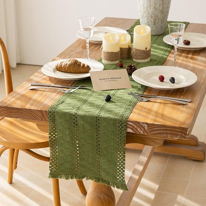 Keketoarrange Boho Sage Green Table Runner for Spring Home Decorations 12x90 Inches Farmhouse Macrame Woven Burlap Rustic Coffee Table Runner Dresser Scarf Dining Kitchen Centerpiece Bohemian Decor