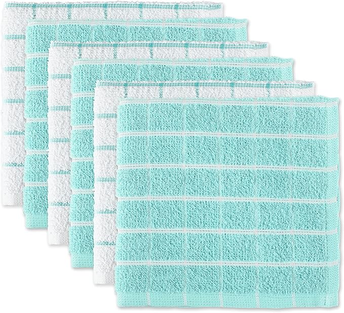 DII Basic Terry Collection Windowpane Dishcloth Set, 12x12, Aqua, 6 Piece