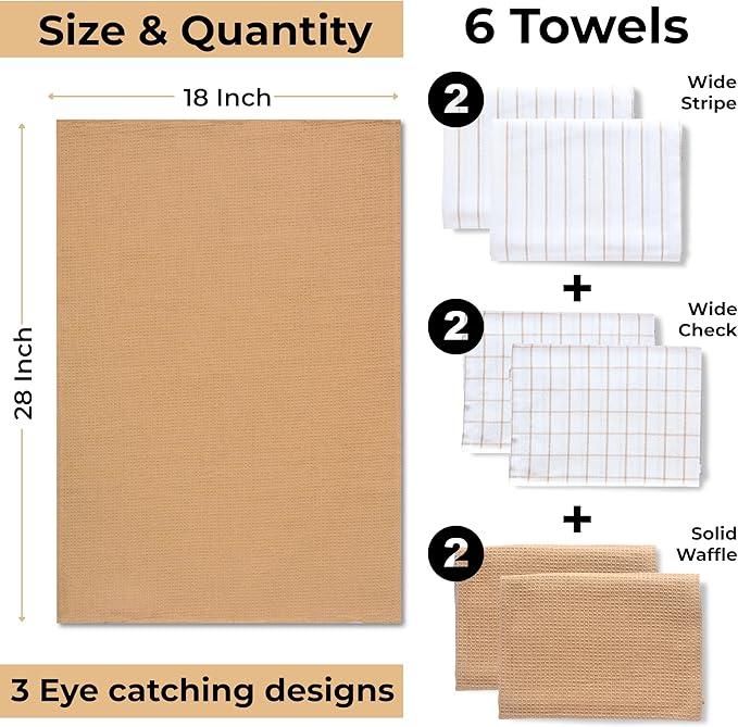 Cotton Dish Towels For Kitchen Drying - Highly Absorbent Wide Beige Striped Plaid Tea Towels - 18"X28" Set Of 6 Farmhouse Linen Dishtowels In Bulk - Pano De Prato Para Cozinha - T Towles Towls