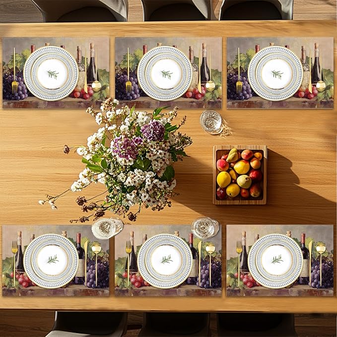Placemats Set of 6,Retro Red Wine Table Mats, Grapes Glass Cup Washable Linen Table Mats,Non-Slip Heat Resistant Placemats for Party Kitchen Dining Indoor Outdoor 12"x18"