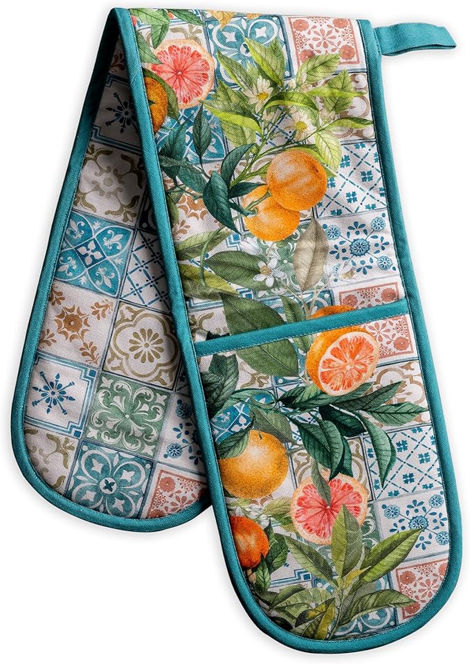 Maison d' Hermine Double Oven Mitts 100% Cotton 7"x35" Double Oven Mitt Heat Resistant BBQ Cooking Gloves with Loop Baking Grilling Gifts for Mothers Day Spring Summer (Agrume)