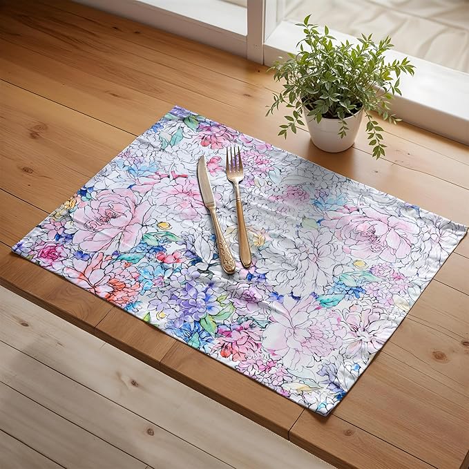 Maison d' Hermine Placemats Set of 4 100% Cotton Washable Cloth Place Mats Reusable Table Mats for Kitchen Dining Party Wedding Gifts for Mothers Day Spring/Summer (Floral Love, 13" x 19")