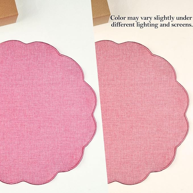 AHHFSMEI Round Faux Linen Placemats Set of 6 Heat Resistant Non-Slip Stain Proof Table Mats for Kitchen Dining Elegant Decor Place Mats (6, Pink)