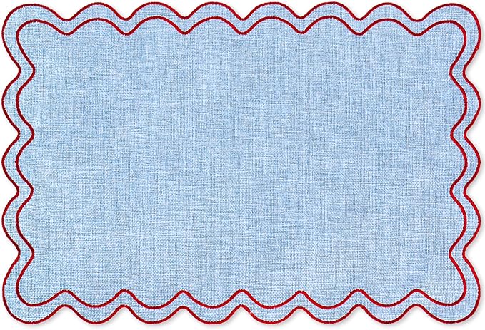 Whaline Red Blue Placemats Embroidered Scalloped Kitchen Place Mats for Birthday Baby Shower Party Home Dining Table Decor, Set of 6, 13 x 19 in