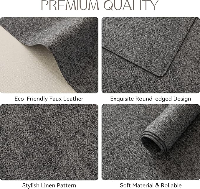 Romanstile Vinyl Placemats Set of 6-12 X 17 Inch - Faux Leather 100% Waterproof Oil-Proof Wipeable Place Mats, Heat Resistant Reversible PU Table Mats for Kitchen Dining Party Outdoor, Dark Grey