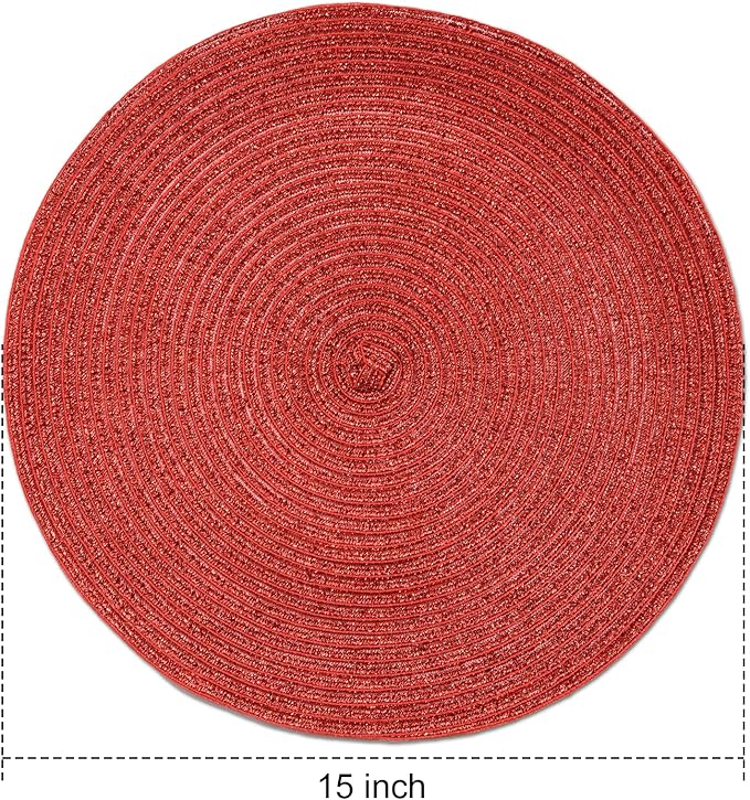 FunWheat Round Braided Placemats Set of 6 Table Mats for Dining Tables Woven Washable Non-Slip Place mats for Decoration(Shining Red, 6pcs)
