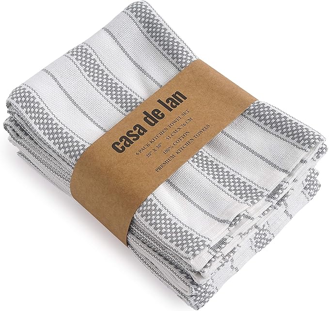 Kitchen Towels Set – Pack of 6 (20’’ x 30’’) Extra Large Premium Cotton Dish Towels for Kitchen – Chain Stripe Towels – Absorbent – 100% Cotton – with Hanging Loop – Light Grey