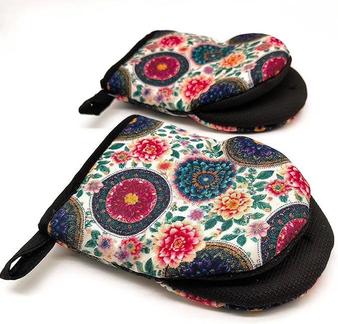 Boho Floral Oven Mitts, High Heat Resistant Kitchen Oven Gloves, Mini Silicone Oven Mitts, Non-Slip Grip Surfaces and Hanging Loop for Grilling, Baking, Cooking and Microwave, Gift