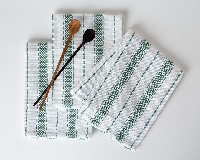 Kitchen Towels Set – Pack of 6 (20’’ x 30’’) Extra Large Premium Cotton Dish Towels for Kitchen – Absorbent – 100% Cotton – with Hanging Loop – Green Multi Design Striped